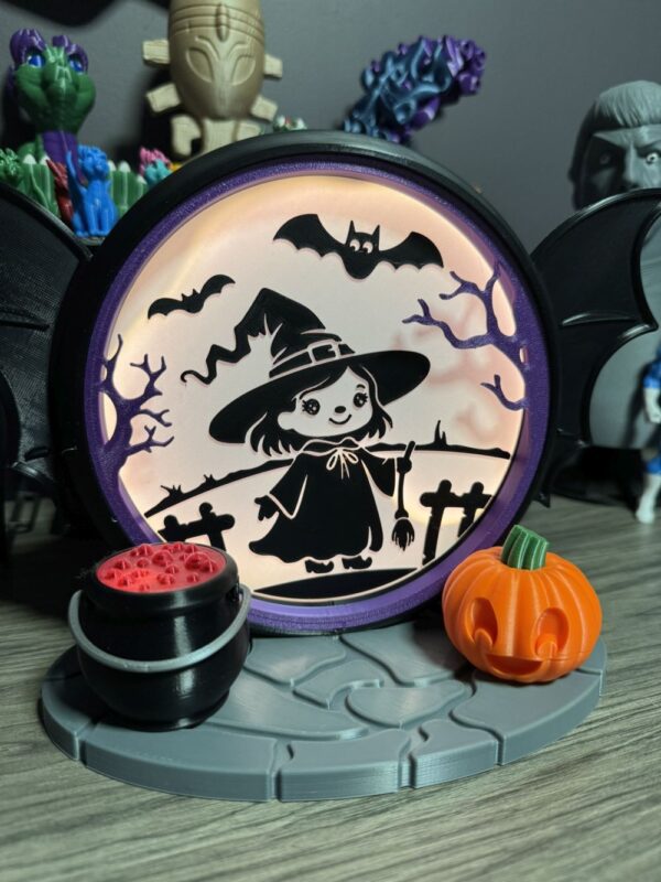 Halloween Witch LED Light Box – Cute Spooky Witch Scene with Pumpkin & Cauldron | USB Powered Halloween Decor | Design by PA1 Maker - Image 2
