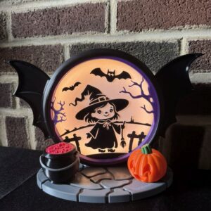 Halloween Witch LED Light Box – Cute Spooky Witch Scene with Pumpkin & Cauldron | USB Powered Halloween Decor | Design by PA1 Maker