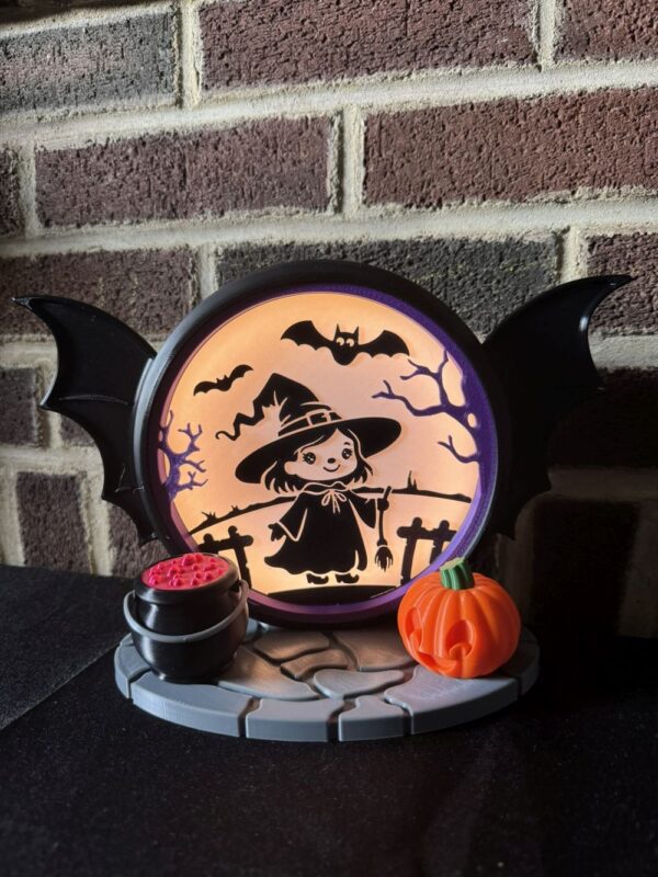 Halloween Witch LED Light Box – Cute Spooky Witch Scene with Pumpkin & Cauldron | USB Powered Halloween Decor | Design by PA1 Maker